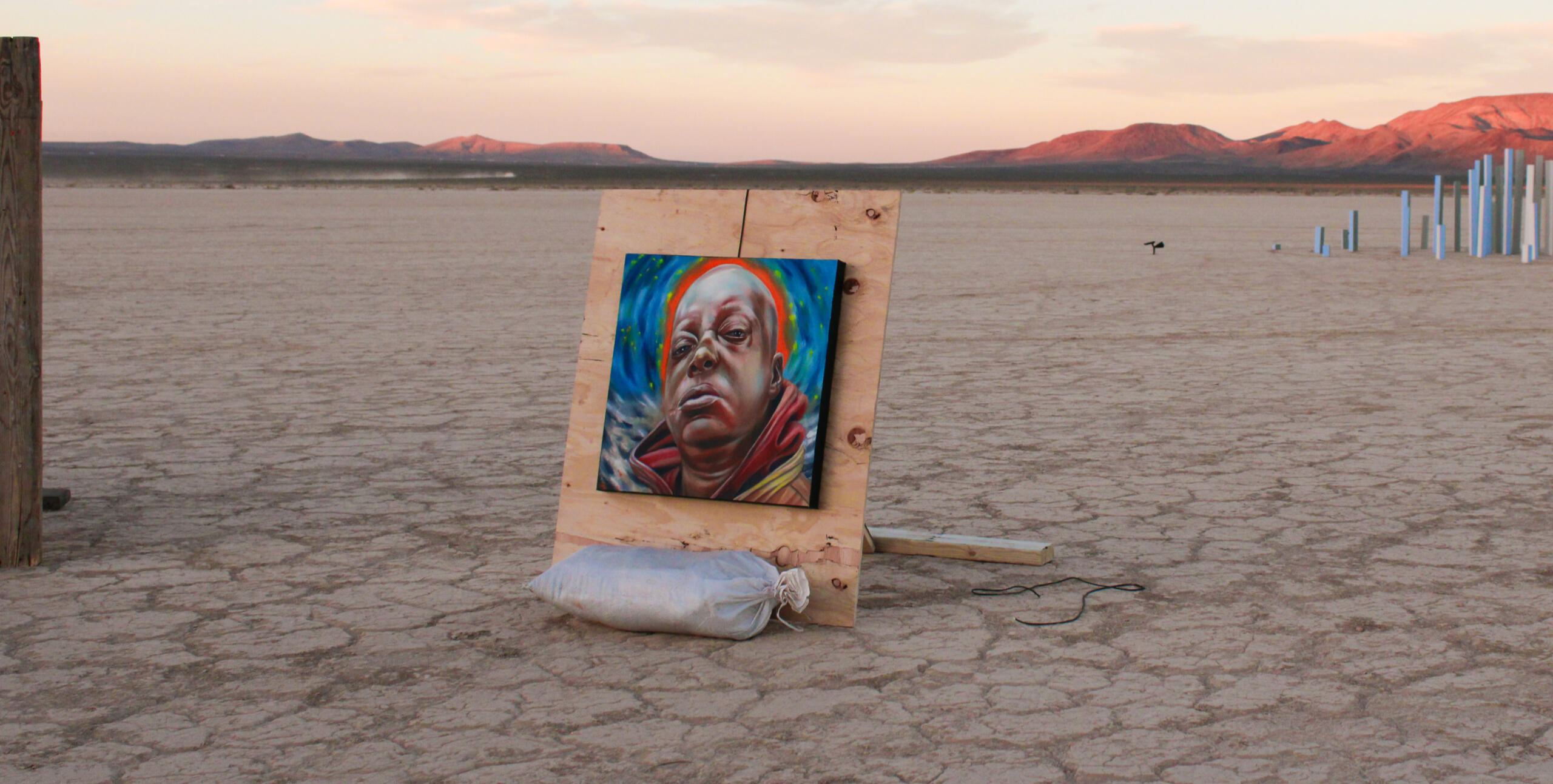 Image of painting by Nick Giordano. Features portrait of black bald man with radiating colors from his head, starting with orange and ending in various blues. Painting is hung on temporary wall.