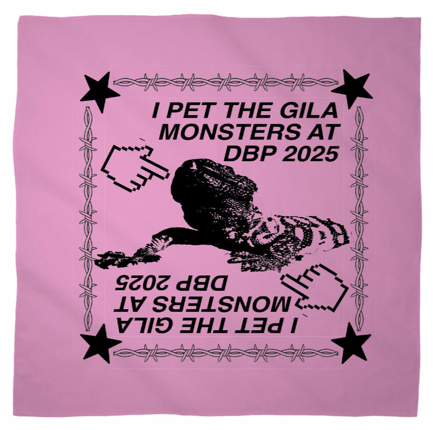 Logo for Desert Biennial Project. Features letters "D B P" surrounded by a barbed wire ring, all enclosed in a wax stamp shape. The color scheme is bright red, with stamp details, the letters, and the barbed wire cut out of the stamp shape.