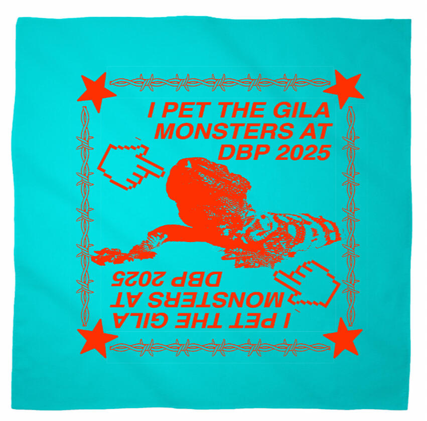 Logo for Desert Biennial Project. Features letters "D B P" surrounded by a barbed wire ring, all enclosed in a wax stamp shape. The color scheme is bright red, with stamp details, the letters, and the barbed wire cut out of the stamp shape.