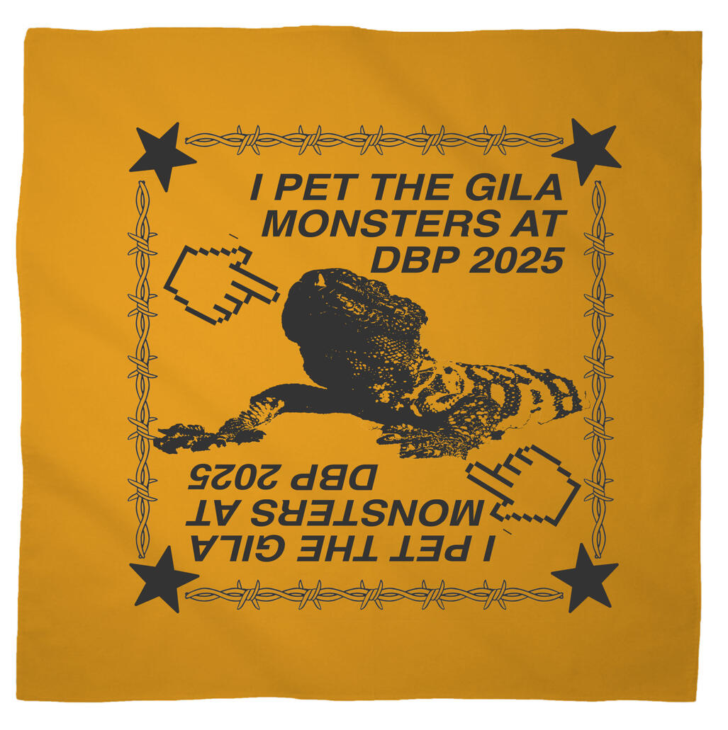 Logo for Desert Biennial Project. Features letters "D B P" surrounded by a barbed wire ring, all enclosed in a wax stamp shape. The color scheme is bright red, with stamp details, the letters, and the barbed wire cut out of the stamp shape.