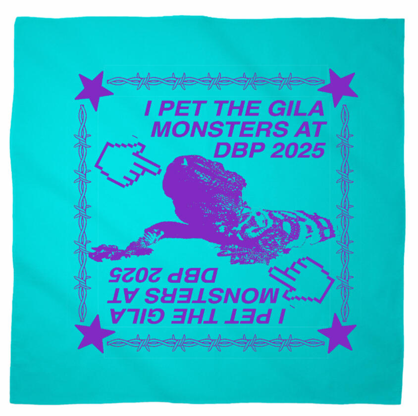 Logo for Desert Biennial Project. Features letters "D B P" surrounded by a barbed wire ring, all enclosed in a wax stamp shape. The color scheme is bright red, with stamp details, the letters, and the barbed wire cut out of the stamp shape.