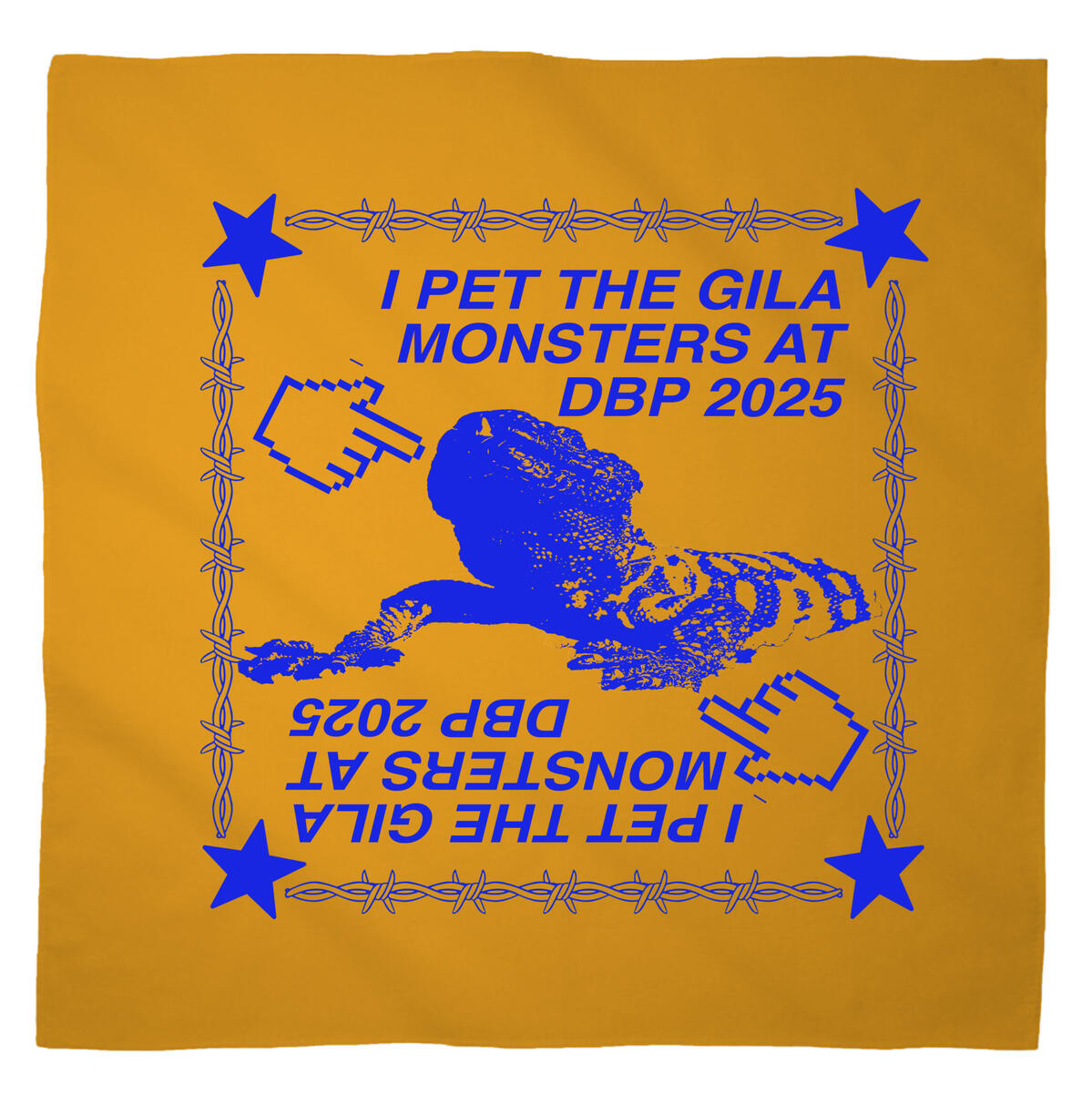 Logo for Desert Biennial Project. Features letters "D B P" surrounded by a barbed wire ring, all enclosed in a wax stamp shape. The color scheme is bright red, with stamp details, the letters, and the barbed wire cut out of the stamp shape.