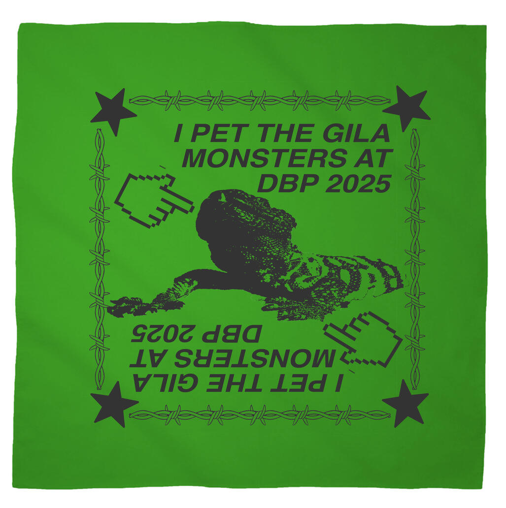 Logo for Desert Biennial Project. Features letters "D B P" surrounded by a barbed wire ring, all enclosed in a wax stamp shape. The color scheme is bright red, with stamp details, the letters, and the barbed wire cut out of the stamp shape.