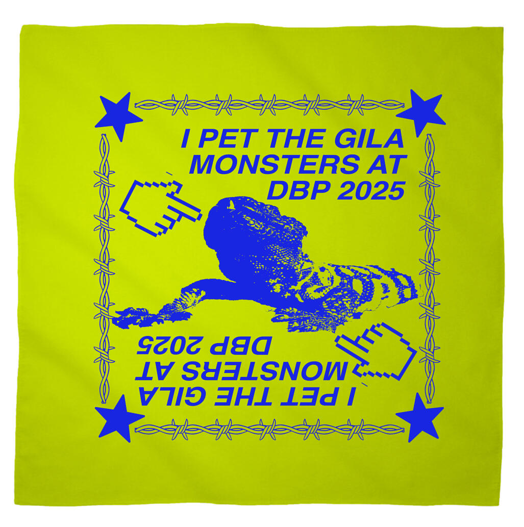 Logo for Desert Biennial Project. Features letters "D B P" surrounded by a barbed wire ring, all enclosed in a wax stamp shape. The color scheme is bright red, with stamp details, the letters, and the barbed wire cut out of the stamp shape.