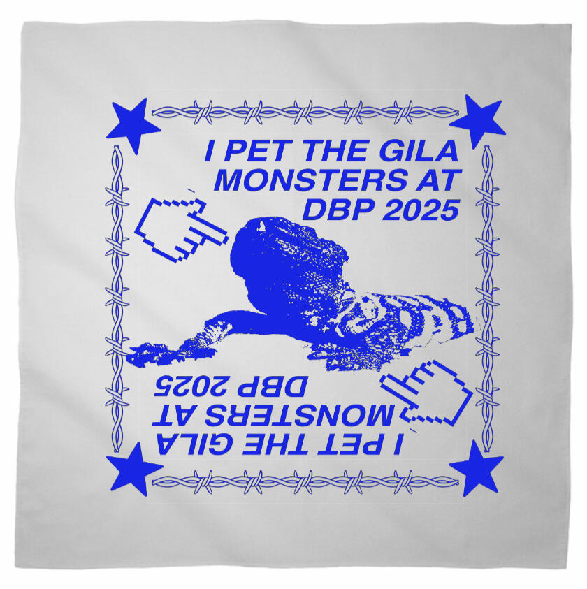 Logo for Desert Biennial Project. Features letters "D B P" surrounded by a barbed wire ring, all enclosed in a wax stamp shape. The color scheme is bright red, with stamp details, the letters, and the barbed wire cut out of the stamp shape.