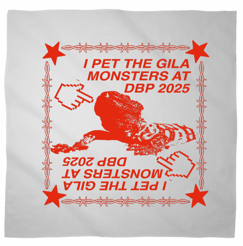 Logo for Desert Biennial Project. Features letters "D B P" surrounded by a barbed wire ring, all enclosed in a wax stamp shape. The color scheme is bright red, with stamp details, the letters, and the barbed wire cut out of the stamp shape.