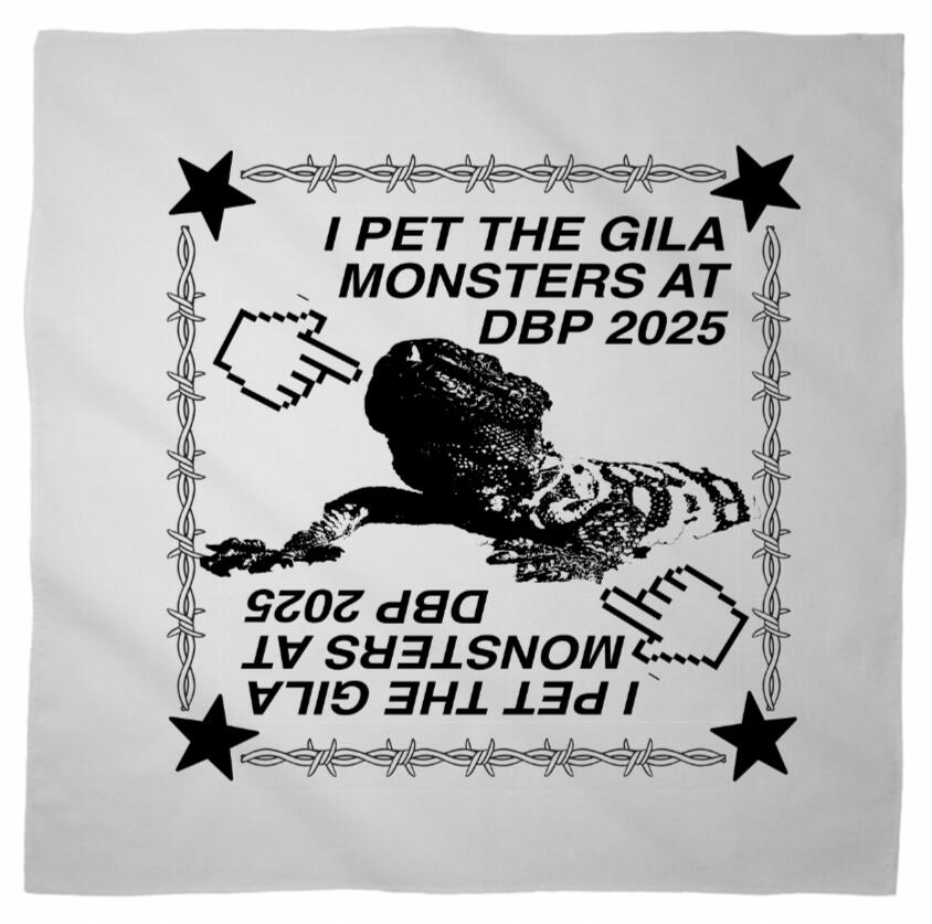 Logo for Desert Biennial Project. Features letters "D B P" surrounded by a barbed wire ring, all enclosed in a wax stamp shape. The color scheme is bright red, with stamp details, the letters, and the barbed wire cut out of the stamp shape.