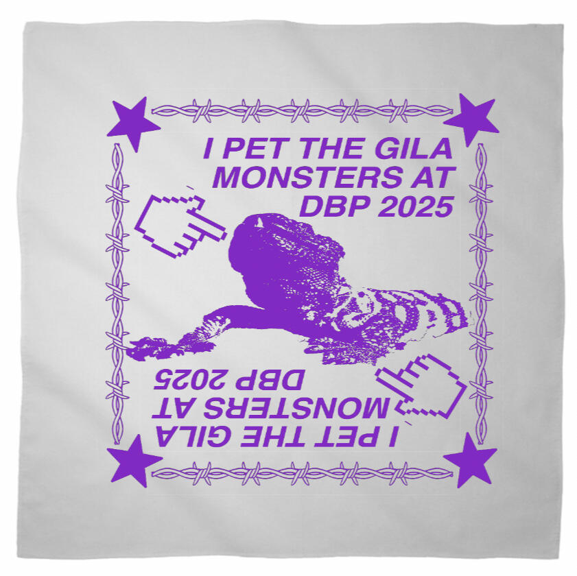 Logo for Desert Biennial Project. Features letters "D B P" surrounded by a barbed wire ring, all enclosed in a wax stamp shape. The color scheme is bright red, with stamp details, the letters, and the barbed wire cut out of the stamp shape.