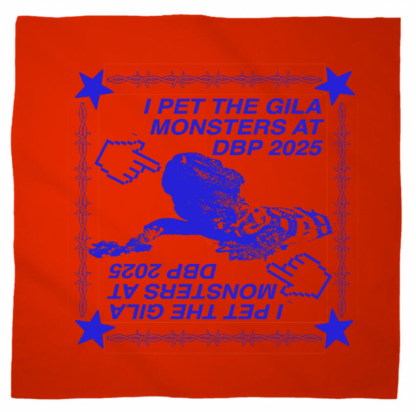 Logo for Desert Biennial Project. Features letters "D B P" surrounded by a barbed wire ring, all enclosed in a wax stamp shape. The color scheme is bright red, with stamp details, the letters, and the barbed wire cut out of the stamp shape.