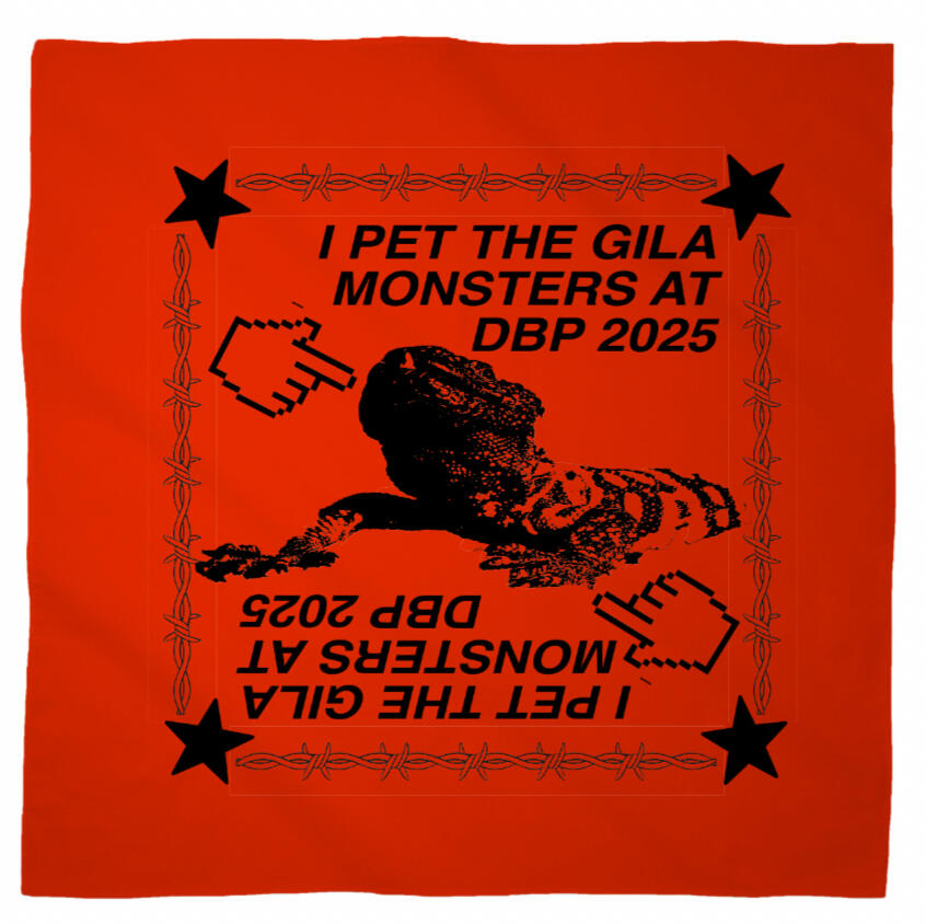 Logo for Desert Biennial Project. Features letters "D B P" surrounded by a barbed wire ring, all enclosed in a wax stamp shape. The color scheme is bright red, with stamp details, the letters, and the barbed wire cut out of the stamp shape.