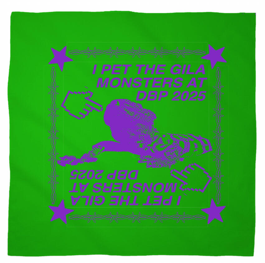 Logo for Desert Biennial Project. Features letters "D B P" surrounded by a barbed wire ring, all enclosed in a wax stamp shape. The color scheme is bright red, with stamp details, the letters, and the barbed wire cut out of the stamp shape.