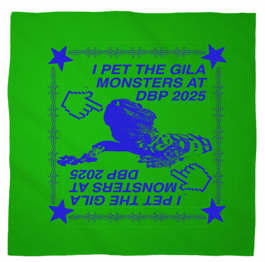 Logo for Desert Biennial Project. Features letters "D B P" surrounded by a barbed wire ring, all enclosed in a wax stamp shape. The color scheme is bright red, with stamp details, the letters, and the barbed wire cut out of the stamp shape.