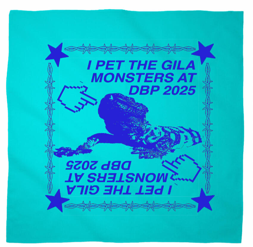 Logo for Desert Biennial Project. Features letters "D B P" surrounded by a barbed wire ring, all enclosed in a wax stamp shape. The color scheme is bright red, with stamp details, the letters, and the barbed wire cut out of the stamp shape.