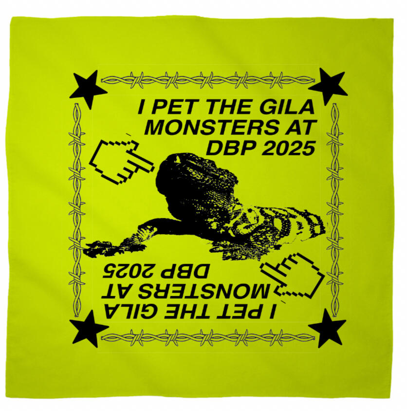 Logo for Desert Biennial Project. Features letters "D B P" surrounded by a barbed wire ring, all enclosed in a wax stamp shape. The color scheme is bright red, with stamp details, the letters, and the barbed wire cut out of the stamp shape.