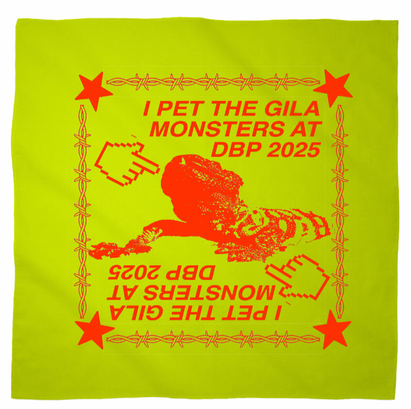 Logo for Desert Biennial Project. Features letters "D B P" surrounded by a barbed wire ring, all enclosed in a wax stamp shape. The color scheme is bright red, with stamp details, the letters, and the barbed wire cut out of the stamp shape.