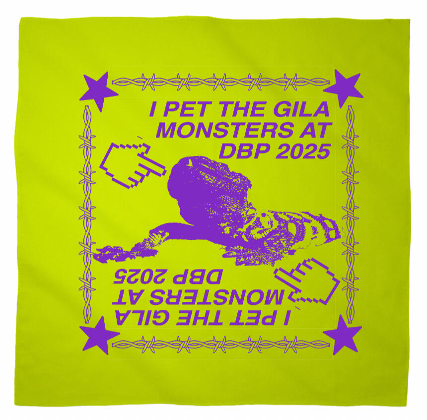 Logo for Desert Biennial Project. Features letters "D B P" surrounded by a barbed wire ring, all enclosed in a wax stamp shape. The color scheme is bright red, with stamp details, the letters, and the barbed wire cut out of the stamp shape.