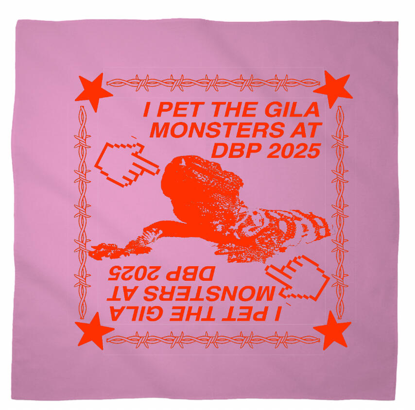 Logo for Desert Biennial Project. Features letters "D B P" surrounded by a barbed wire ring, all enclosed in a wax stamp shape. The color scheme is bright red, with stamp details, the letters, and the barbed wire cut out of the stamp shape.