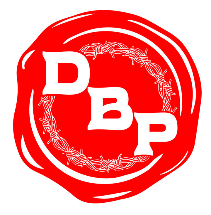 Logo for Desert Biennial Project. Features letters "D B P" surrounded by a barbed wire ring, all enclosed in a wax stamp shape. The color scheme is bright red, with stamp details, the letters, and the barbed wire cut out of the stamp shape.