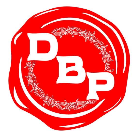 Logo for Desert Biennial Project. Features letters "D B P" surrounded by a barbed wire ring, all enclosed in a wax stamp shape. The color scheme is bright red, with stamp details, the letters, and the barbed wire cut out of the stamp shape.